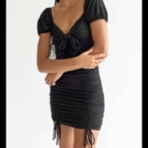 Black Ruched Mini Dress with Puff Sleeves